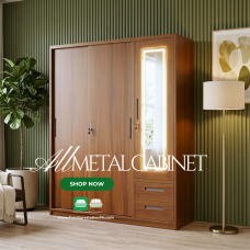 Freya All Metal Cabinet with Mirror Sliding Door in Walnut finish
