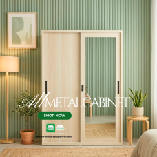 Barda All Metal Compact Cabinet with Mirror Sliding Door Light Oak finish Barda All Metal Compact Cabinet with Mirror Sliding Door Light Oak finish