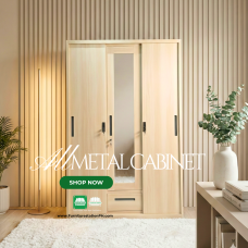 Adeline All Metal Cabinet with Mirror Sliding Door in Wood Natural finish