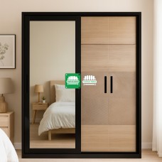 Calixto All Metal Two Door Sliding Door Cabinet Black and Oak Combination