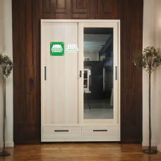 Calix All Metal Cabinet with Mirror Sliding Door and Drawers Light Oak finish