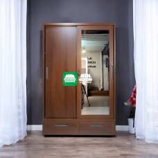 Calix  All Metal Cabinet with Mirror Sliding Door and Drawers  Walnut finish